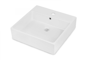 Chiuvete baie - Lavoar pe blat alb lucios 50 cm, patrat, orificiu pentru baterie, Deante Temisto
