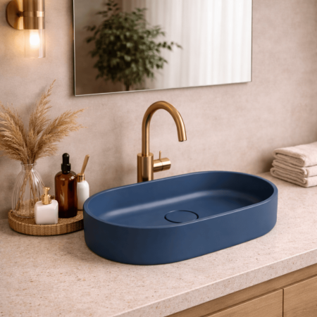 Lavoare Premium - Lavoar compozit cu montare pe blat, 60x38 cm, albastru mat, Foglia Terra