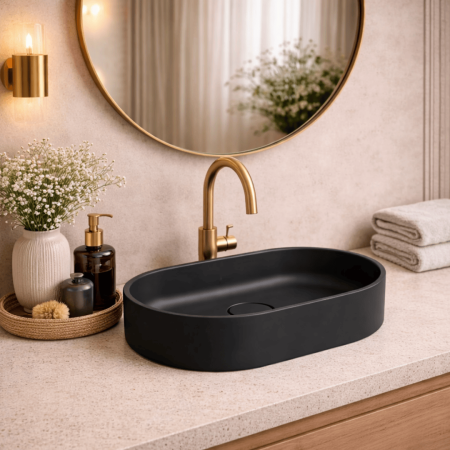 Lavoare Premium - Lavoar compozit cu montare pe blat, 60x38 cm, negru mat, Foglia Terra