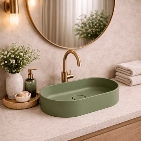 Lavoare Premium - Lavoar compozit cu montare pe blat, 60x38 cm, verde mat, Foglia Terra