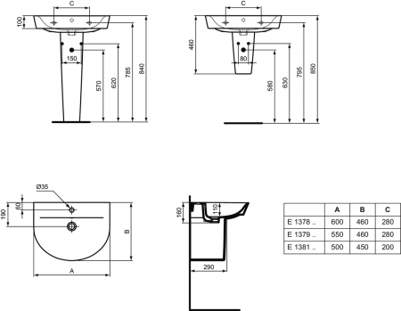Lavoar suspendat alb 60 cm, asimetric, orificiu baterie si preaplin, Ideal Standard Connect Air [5]