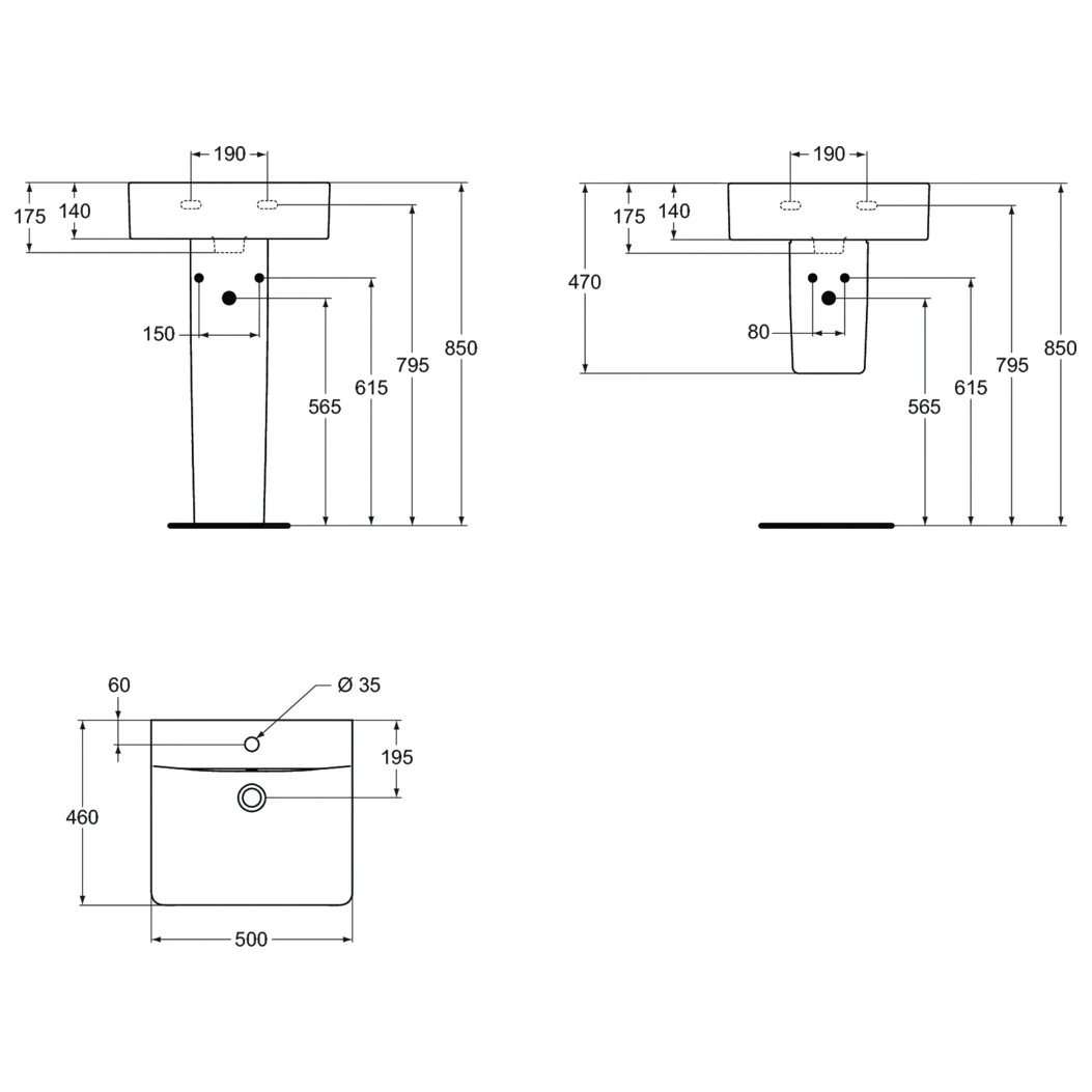 Lavoar baie suspendat, alb, 50x46 cm, cu praplin,  Ideal Standard Connect Cube [3]