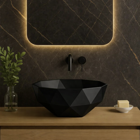 Obiecte sanitare - Lavoar de baie compozit cu montare pe blat, negru mat, oval, Foglia 3D Bowl