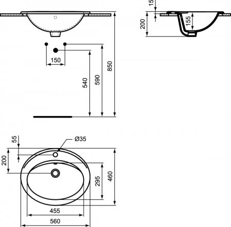 Lavoar incastrat alb 56 cm, oval, orificiu baterie si preaplin, Ideal Standard Eurovit [2]