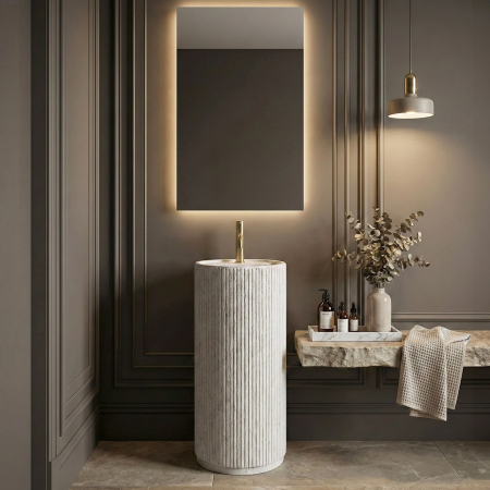 Lavoar freestanding rotund REA Margarita, piatra compozita Artificial Stone, alb imitatie piatra, 39 x 39 cm [2]