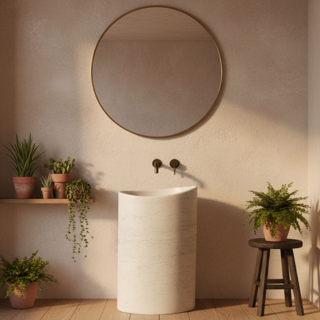 Chiuvete baie - Lavoar freestanding oval asimetric REA Merlo, piatra compozita Artificial Stone, bej ecru, 55 x 34 cm