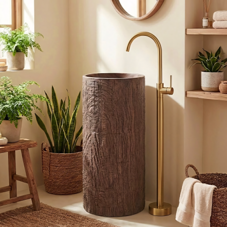 Lavoar freestanding rotund REA Rossana, din piatra compozita Artificial Stone, maro mat, 39.5 x 39,5 cm [2]