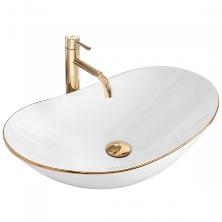 Lavoare baie pe blat - Lavoar oval de blat alb-cu auriu 62x36 cm Rea Royal