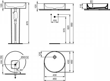 Lavoar pe blat alb 45 cm, rotund, Ideal Standard Conca [3]