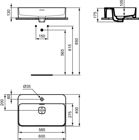 Lavoar pe blat alb 60 cm, dreptunghiular, cu orificiu baterie, Ideal Standard Strada II [4]