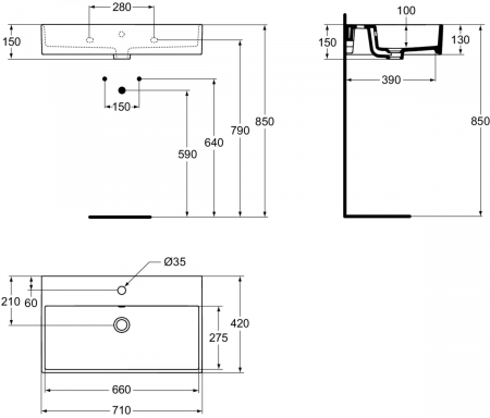 Lavoar pe blat alb 71 cm, dreptunghiular, orificiu baterie, Ideal Standard Strada [4]