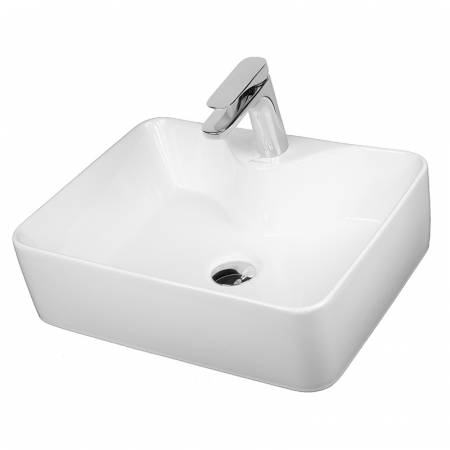 Baie - Lavoar pe blat alb lucios 48 cm, dreptunghiular, orificiu baterie, Fluminia Baldur