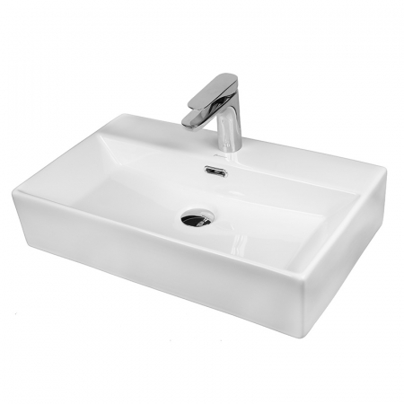 Baie - Lavoar pe blat alb lucios 60 cm, dreptunghiular, cu orificiu baterie, Fluminia Pluto