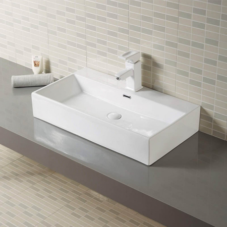 Lavoar pe blat alb lucios 60 cm, dreptunghiular, cu orificiu baterie, Fluminia Pluto [2]