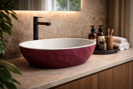 Lavoar pe blat compozit burgundy, oval, forme 3D,  Foglia Armonia Slim [3]