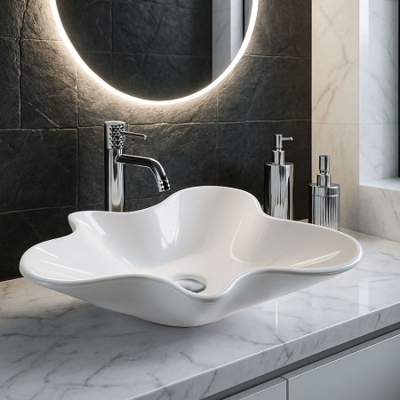 Lavoar cu montare pe blat 52 cm, alb lucios, asimetric, Rea Izolda [1]