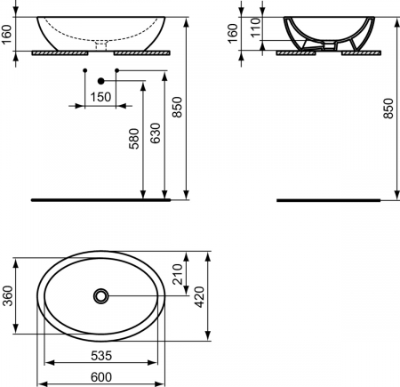 Lavoar pe blat negru mat 60 cm, oval, Ideal Standard Strada [4]