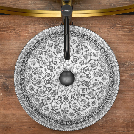Lavoar rotund, ceramică, Alb/Negru cu model decorativ, 40x40 cm, REA [2]
