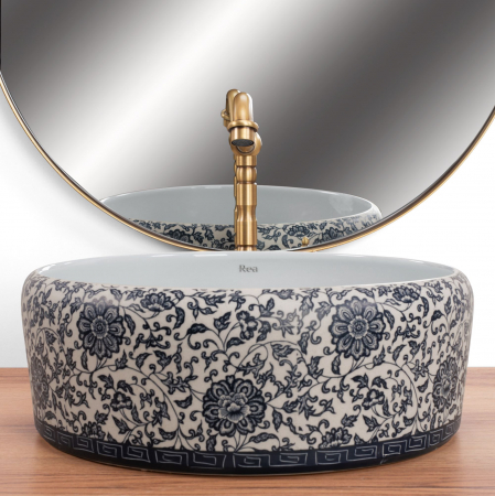 Lavoar pe blat REA Florisa 40x40 cm, ceramică decorată alb/albastru, montaj pe blat [2]