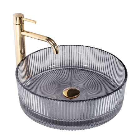 Chiuvete baie - Lavoar cu montare pe blat 39 cm, gri transparent cu exterior canelat si finisaj lucios, rotund, Rea Ingrid