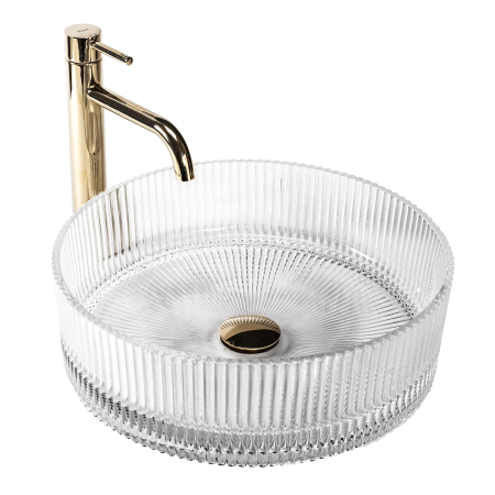 Chiuvete baie - Lavoar cu montare pe blat 39 cm, transparent cu exterior canelat si finisaj lucios, rotund, Rea Ingrid