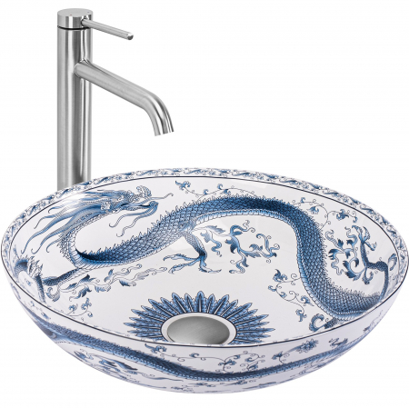 Lavoare baie pe blat - Lavoar rotund Rea Kioto,  model artistic dragon, Alb/Albastru , 40 x 40 cm