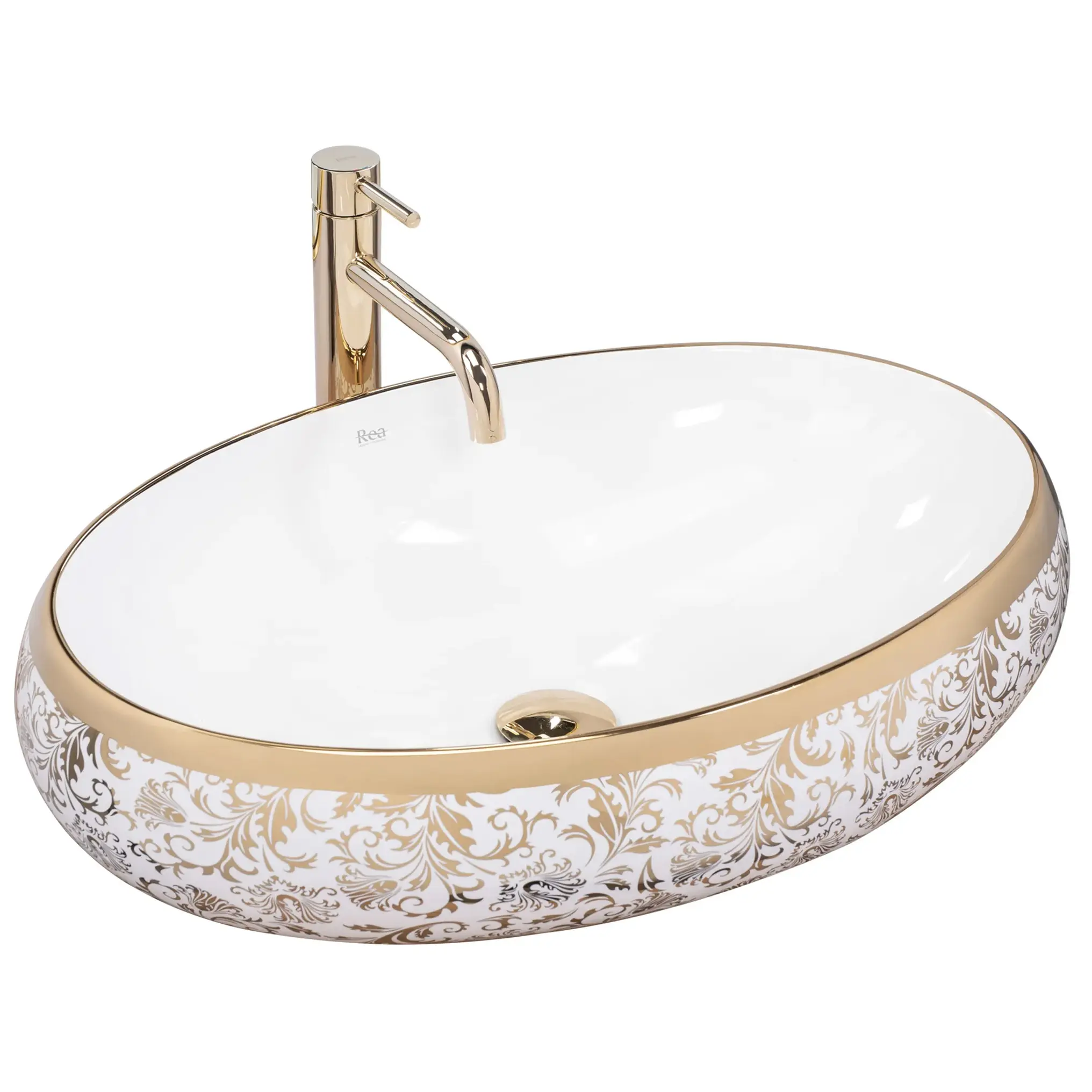 Chiuvete baie - Lavoar ceramic oval Rea Melania, alb cu decor auriu,  60 x 40,5 cm