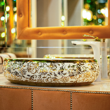 Lavoar ceramic oval Rea Melania, alb cu decor auriu,  60 x 40,5 cm [2]