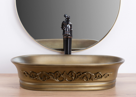 Lavoar pe blat oval, ceramică, finisaj cupru periat, REA Wilma, 55x38 cm [4]