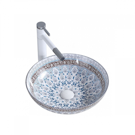 Lavoare baie pe blat - Lavoar rodund pe blat cu model 40x40 cm alb-albastru Rea Arte