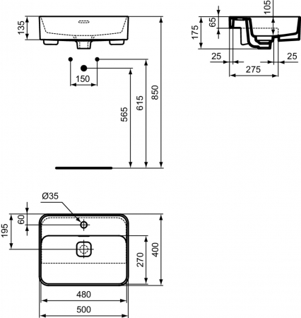 Lavoar semi-incastrat alb 50 cm, dreptunghiular, cu orificiu baterie, Ideal Standard Strada II [4]