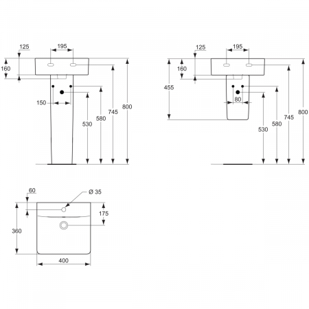 Lavoar suspendat alb 40 cm, dreptunghiular, orificiu baterie si preaplin, Ideal Standard Connect Cube [4]