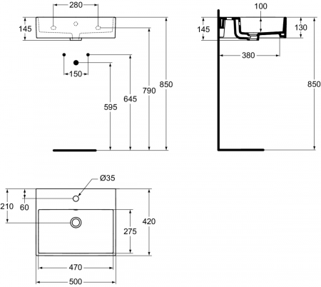 Lavoar suspendat alb 50 cm, dreptunghiular, orificiu baterie si preaplin, Ideal Standard Strada [4]