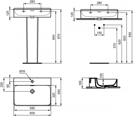 Lavoar suspendat alb 60 cm, dreptunghiular, cu preaplin, Ideal Standard Conca [4]
