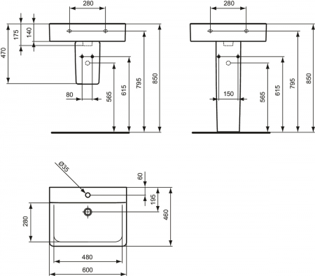 Lavoar suspendat alb 60 cm, dreptunghiular, orificiu baterie, Ideal Standard Connect Cube [4]