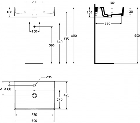 Lavoar suspendat alb 60 cm, dreptunghiular, orificiu baterie si preaplin, Ideal Standard Strada [5]