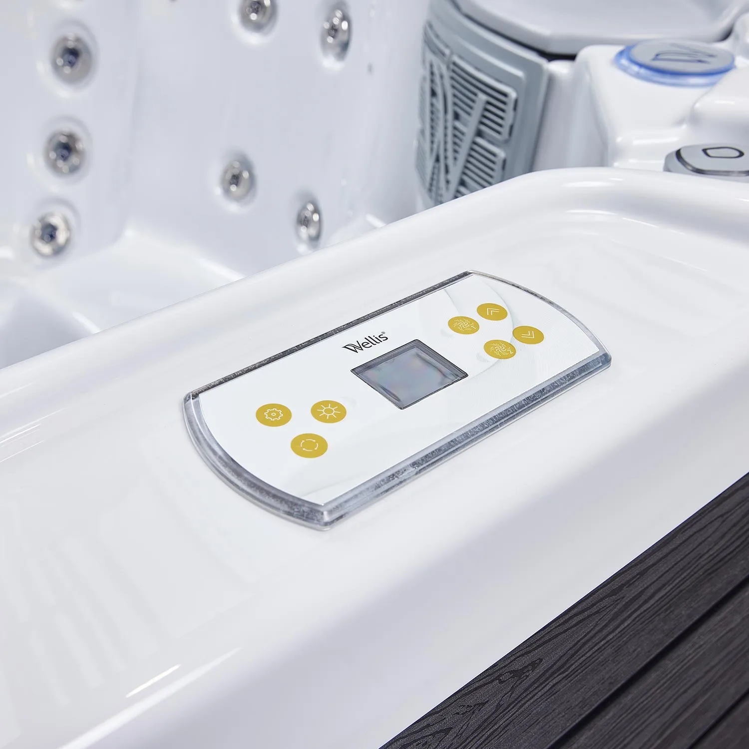 Minipiscina jacuzzi 6 persoane, alb-lucios, 50 jeturi hidromasaj, scara inteligenta cu suport pentru pompa de caldura, 200 × 200 cm, WiFi, sistem audio, Wellis Prague CityLife Premium [7]