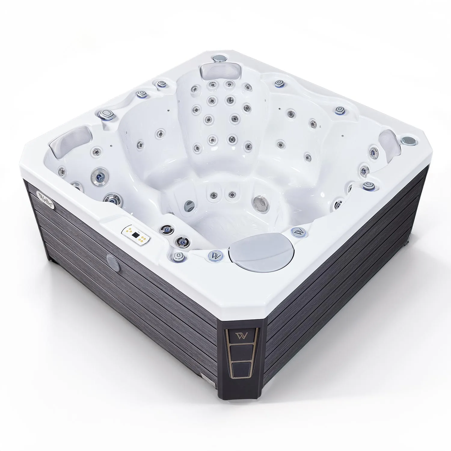 Minipiscina jacuzzi 6 persoane, alb-lucios, 50 jeturi hidromasaj, scara inteligenta cu suport pentru pompa de caldura, 200 × 200 cm, WiFi, sistem audio, Wellis Prague CityLife Premium [1]