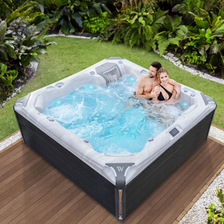 SPA - Minipiscina jacuzzi, 6 persoane, ice white, 59 jeturi, 6 Infinity Jets pentru masaj, iluminare LED,  Wellis Kilimanjaro Life Essential