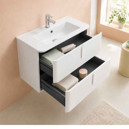 Mobilier baie suspendat pentru lavoar 80 cm, cu front neted  alb mat si manere albe mate, Fluminia Pisa [2]