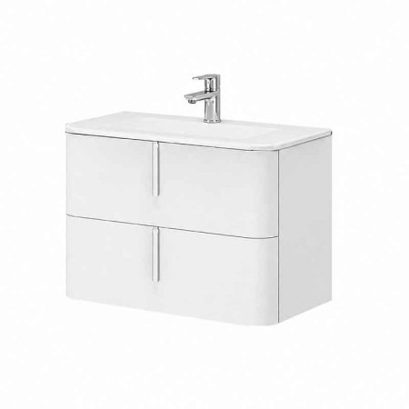 Mobilier pentru lavoar - Mobilier baie suspendat pentru lavoar 80 cm, cu front neted  alb mat si manere albe mate, Fluminia Pisa
