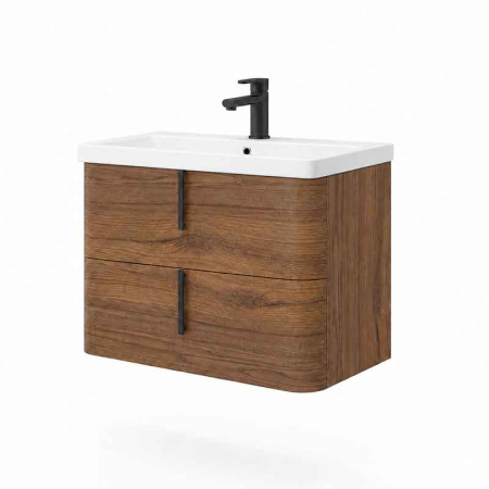 Mobilier pentru lavoar - Mobilier baie suspendat pentru lavoar 80 cm, tabacco, maner negru, Fluminia Pisa