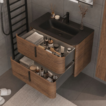 Mobilier baie suspendat pentru lavoar 80 cm, tabacco, maner negru, Fluminia Pisa [1]