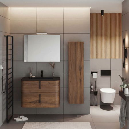 Mobilier baie suspendat pentru lavoar 80 cm, tabacco, maner negru, Fluminia Pisa [2]