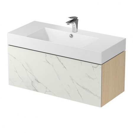 Mobilier pentru lavoar - Dulap baie suspendat Cersanit Inverto 100 pentru lavoar incastrabil, stejar, cu placa ceramica CALACATTA