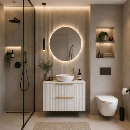 Mobilier pentru lavoar - Mobilier baie suspendat pentru lavoar pe blat 80 cm, 2 sertare cu soft close, front riflat, alb mat, manere aurii, Fluminia Istria