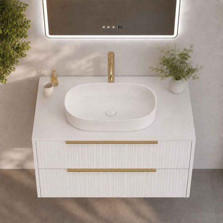 Mobilier baie suspendat pentru lavoar pe blat 80 cm, 2 sertare cu soft close, front riflat, alb mat, manere aurii, Fluminia Istria [1]