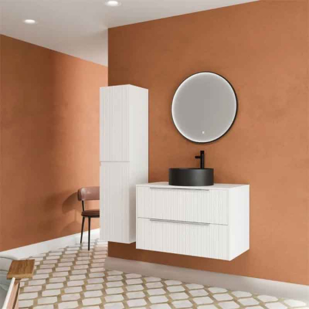Mobilier pentru lavoar - Mobilier baie suspendat pentru lavoar pe blat 80 cm, 2 sertare cu soft close, front riflat, alb mat, manere crom, Fluminia Istria