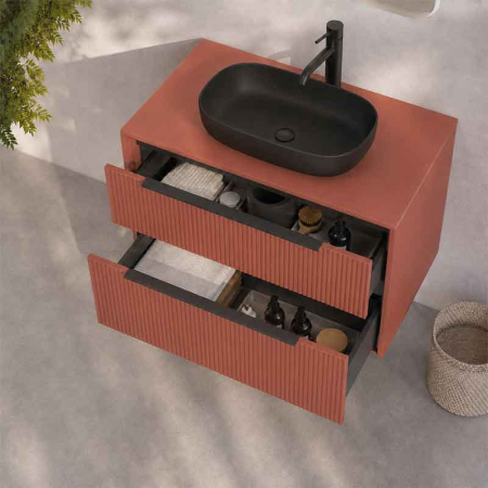 Mobilier baie suspendat pentru lavoar pe blat 80 cm, 2 sertare cu soft close, front riflat, mattone, cu manere negre, Fluminia Istria [1]