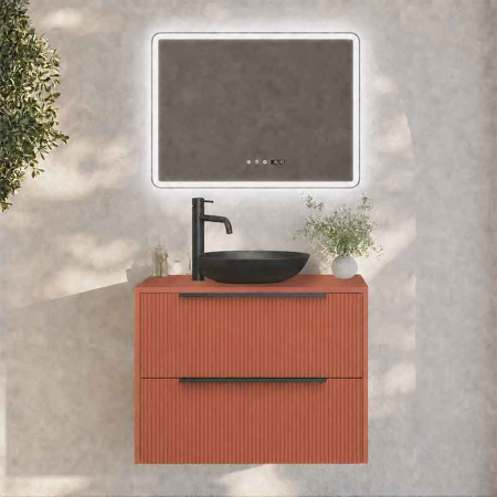 Mobilier pentru lavoar - Mobilier baie suspendat pentru lavoar pe blat 80 cm, 2 sertare cu soft close, front riflat, mattone, cu manere negre, Fluminia Istria